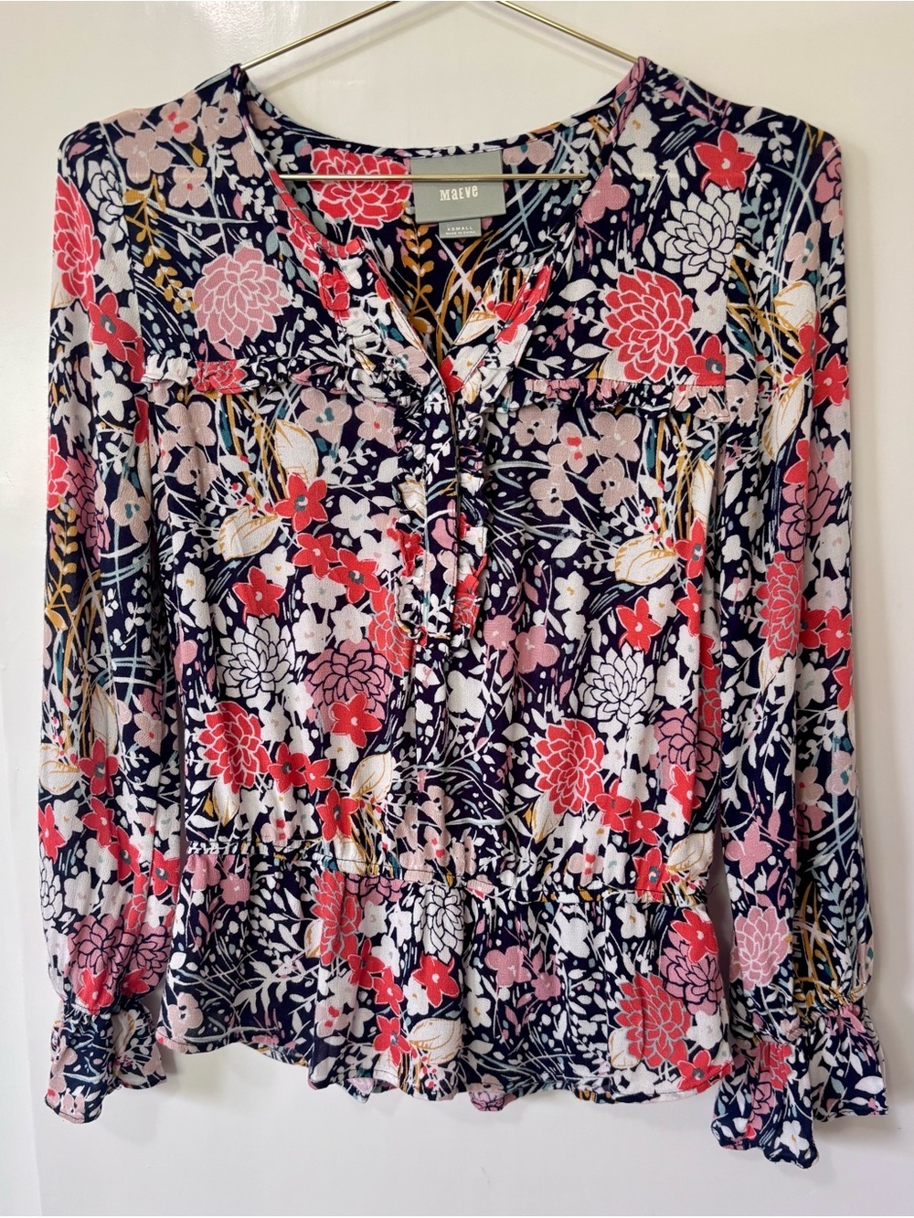 Anthropologie| Maeve| Navy & Pink Floral Long-Sleeve Peplum Blouse Sz XS